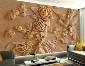 Tapety 3D Pokój Tapeta krajobraz Peony Relief Mural Paintings Dekoracja domu