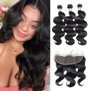 Brazilian Body Wave 3/4 PCS with Lace Frontal Peruvian Loose Deep Kinky Curly Human Hair Bundles with Closure Straight Water for Women 8-28inch Natural Black