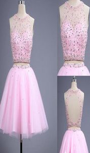 2022 Pink Color Cheap Homecoming Dresses Two Piece Stones Pärlade paljetter Sheer Halsring Öppna rygg Tulle Short Prom Dress Party Go8473689