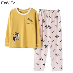 Ev Giyim Caiyier Sevimli Kadınlar Pamuk Pijama Set Sweetwear Uzun Sleever Üstler Renk Parlak Sonbahar Pijama Femme Floral Nightgown