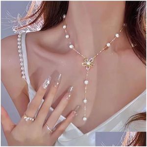 Pendant Necklaces French Short Clavicle Chain New Flower Fairy Light Luxury Minority Design Temperament Pearl Tassel 14K Yellow Gold N Dh3Yj