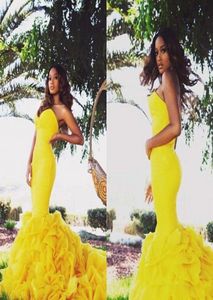 2017 Bright Yellow Mermaid Prom Dresses Sexy Sweetheart Empire Satin Tulle Custom Made Plus Size Backless Women Evening Party Dres7527660