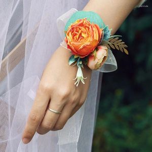 Bangle 1pcs Wrist Corsage Bridesmaid Sisters Handmade Flower Artificial Silk Peony Bracelet Ribbon Hand Flowers For Wedding Party Decor