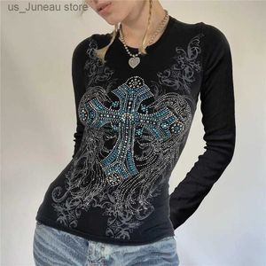 女性の戦車CAMIS XINGQING RHINESTONE TシャツY2K美的妖精グランジクロスウィングパターンショートSLVEトップカジュアルグラフィックT 2000S STRTWEAR 1 T240415