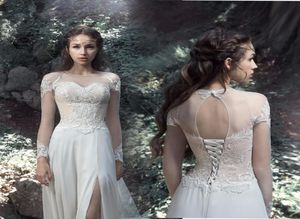 Fancy Jewel White Chiffon Långärmad bröllopsklänningar ren nacke applikationsben slits brudklänning öppen baksida spetsar upp land billiga boh1902916