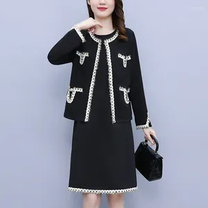 Work Dresses Elegant Two-piece Set For Women Cardigan Jacket Tops And Tank Large Size Female Autumn Winter Loose Black Cotton Suits