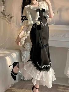 French Vintage Fairy Mermaid Dress Women Lace Korean Party Princess Strap Dress Female Spring Court Sweet Lolita Midi Dress 240409