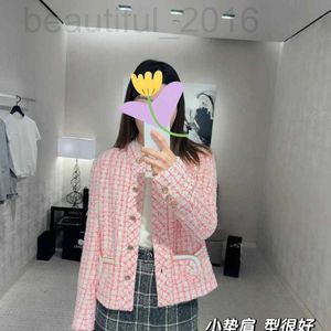 Women's Jackets designer Correct Edition~2024SS Spring/Summer New Pink Square Checkered Round Neck Embroidered Woolen Coat 8001-1 Z51M