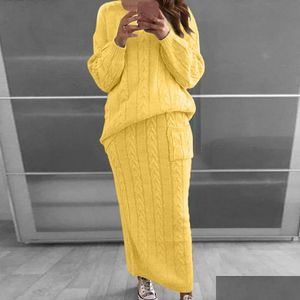 Two Piece Dress Set Women Long Sleeve Crop Tops Pencil Skirt 2 Pc Sets Sweater Knitted Winter Suit 12 Colors 221122 Drop Delivery Dh7Nc