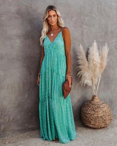 Sıradan Elbiseler 2024 Boho Elbise Straplez Açık Geri Leopar Baskı Maxi Fırıltılı Yeşil Kayış Zemin Uzunluğu Vestidos Tatil Çöpeği