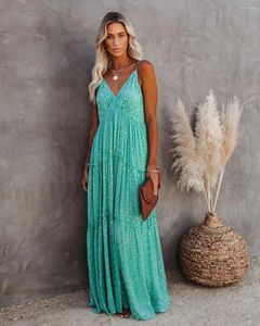 Casual Dresses 2024 Boho Dress Strapless Open Back Leopard Printing Maxi Ruffled Green Strap Floor Length Vestidos Holiday Robe