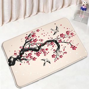 Bath Mats Chinese Style Bathroom Mat Water Ink Red Plum Pattern Non-Slip Rugs Flannel Suede Home Decor Kitchen Doorway Aisle Carpet