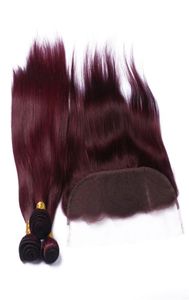 Wine Red Human Hair Bundle behandlar frontens stängning Rak 99J Bourgogne 13x4 Ear to Ear Lace Frontal Stängning med Virgin Hair9027521