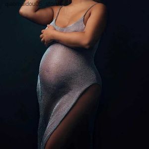 Maternity Dresses Pregnant womens dresses for photo shoots gold knitted maternity transparent holographic clothing props Q240415