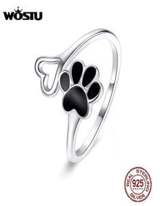 Wostu 925 Sterling Silver Paw Dog Footprint Hjärtring