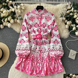 Basic Casual Dresses Women Embroidery Hollow Out Stitching Flower Dress Runway Stand Puff Sleeve Single Breasted Floral Print Belt Min Dhkj1