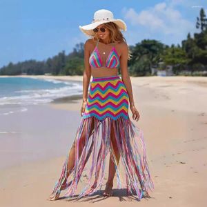 Rainbow Color Knitting Women a 2 pezzi Set sexy Signi di nappe in bikini in bikini Coperchio 2024 Summer Holiday Beach Bareding Sude