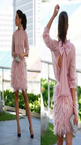 Charming Pink Short Feather Cocktail Dresses Long Sleeves Open Back With Bow Evening Gowns Party Dresses For Special Occasion Prom7051106