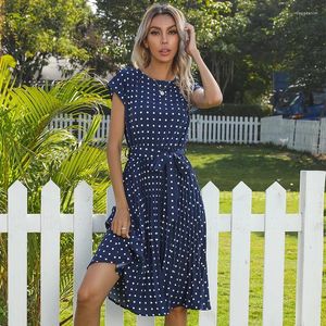 Partykleider Sommer Polk Dots Kurzarm Falten für Frauen Midi Vintage Elegant Office Green Dinner Kleidung Blaues Kleid 2024