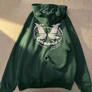 Kadın Hoodies Sweatshirts Tail Ceket Şeytanlı Küçük Şeytan Gotik Gotik Sweatshirt High Street Y2K Giyim Çift Fermuarı Hoodie Kpop Giysileri 240413
