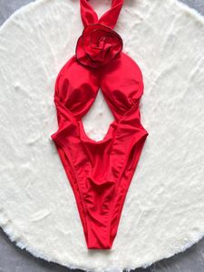 Women's Swimwear One Piece Swimsuit Sexy Red Flower Halter Backless Women Cut Out Monokini High Leg Bathing Swimming Suit Wear 2024