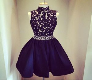 High Quality High Neck Lace Beaded Dark Navy Homecoming Dresses Short Prom Dress Custom Made Sleeveless1472080