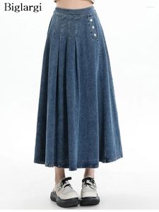Skirts Denim Spring Summer Long Women Elastic High Waist A-Line Fashion Ladies Korean Style Loose Pleated Woman