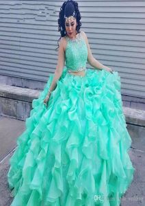 2019 Mint Green Due pezzi Dress Quinceanera Principessa Cascading Sweet Sweet 16 Età Abito da prese per festaiola da ballo Long Girls Page