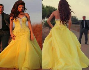 Özelleştirilmiş Tatlım Boyun Çizgisi Denizkızı Boncuklu Sarı İnci Boncuklu Balo Elbise Vestidos Para Festa6075939