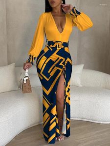 Casual Dresses Spring Fashion Woman Dress Long Sleeve Printed Deep V-ringen Oregelbunden sexig sidoslits för kvinnor Evening Party