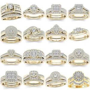 Anéis de casamento 2pcs Conjunto de noivas elegantes anel de engajamento de cristal de luxo cor de ouro redondo zircão para mulheres boho jóias