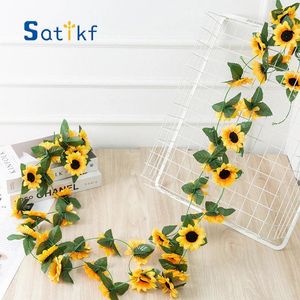 Flores decorativas Amarelo de 2,5m de girassol videira pendurada guirlanda artificial folhas de seda falsa para festa de decoração caseira de festas