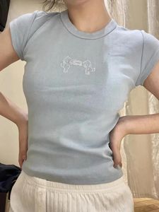 Frauen T-Shirts süß blau Engel bestickt O-Neck Crop Tops Frauen Sommer Baumwolle Solid Kurzarm Tees weibliche Vintage süße schicke T-Shirts