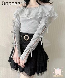 Kvinnors blusar Fairy Sweet Long Sleeve Shirt Japanese Mine Series Mass-Produced Women Pearl Rhinestone Off-Shoulder Spaghetti Strap Spets