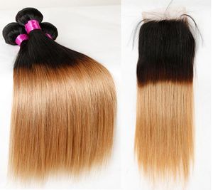 Pacchetti di capelli umani dritti ombre con chiusura T1B27 Brasiliana Remy Hair Weave 3 bundle con chiusura in pizzo Part4445345