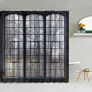 Shower Curtains American Industrial Iron Old Window Pattern Curtain Winter Forest Landscape Bathroom Decor Creative Waterproof