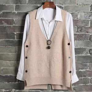 Kvinnors västar Spring Autumn Women Vest V-Neck sidoknappar Höga lågfackstickande ärmlösa tröjor Pullovers Loose Tops