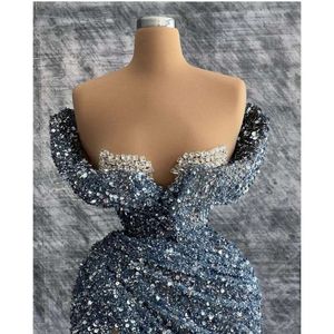 2023 Nowe niebieskie krótkie sukienki na imprezę balową kulki Rufflea z ramion mini długość kobiet