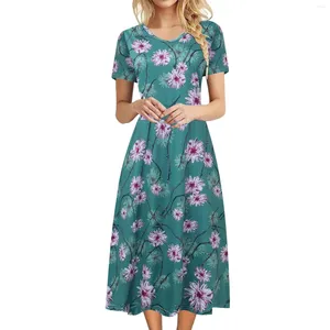 Casual Dresses Summer 2024 O Neck Kort ärm för kvinnor Beach Plus Size Bohemian Floral Print Plain T Shirt Loose Dress