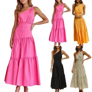 Casual Dresses One Shoulder Women Sleeveless Tank Dress Boho Tiered High Waisted A Line Smocked Knot Backless Flowy Solid Long