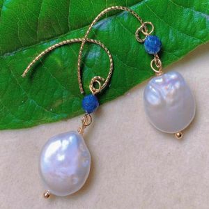 Kolczyki Dangle Fashion Natural White Coin Pearl Lapis Lazuli Bead Men Casual Modern Kamień Drop Hoop Anniversary Minimalist