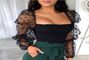 New Women Polka Dot Mesh Sheer Seethough Sleeve longa Clube de festa da noite use tops de colheita Tee t Shirts3634470