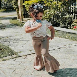 Clothing Sets Children39s 2022 Summer Girls Lace Shortsleeved Tshirt Gold Velvet Flared Pants Suit Baby Girl ClothesClothing3711098