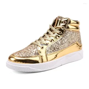 Casual Shoes Women High Top Sneakers paljetter Rivet Lurex Glitter High Cut Round Toe Lace-up Men Outdoor Skateboard Shiny Flat Flat