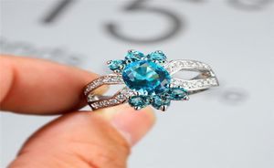 Luksusowa żeńska Aqua Blue Crystal Pierścień Fashion Classic Srebrny kolor ślubny dla kobiet Śliczne owalne puste duże zaręczyny Ring1334774