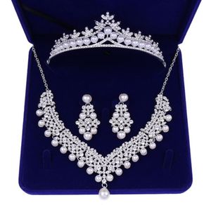 Crystal Pearl Bridal Jewelry Sets Hochzeitskronen -Halskette mit Ohrringen Braut Haar Ornament Choker für Frauen Accessoires 2203304355357