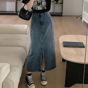 Saias de jeans de jeans feminina Retro com cintura alta Aline Skirt Autumn Moda Straight feminino 240411