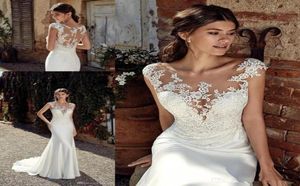 2020 New Scoop pescoço Cetim sereia Bohemia Vestidos de noiva Mangas de tule Tulle Aplique Plus Size Vestidos de noiva de casamento Rúsicas de 9259255