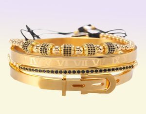 4pcsset очарование браслетов римские цифры кубические бусины из циркония пары мужчины браслет из нержавеющей стали Crown Jeweley Gold Silver 1562351