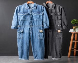 Men039s Jeans Loose Pockets Cargo Denim Long Sleeve Jumpsuits Hip Hop Overalls Blue Black9009938